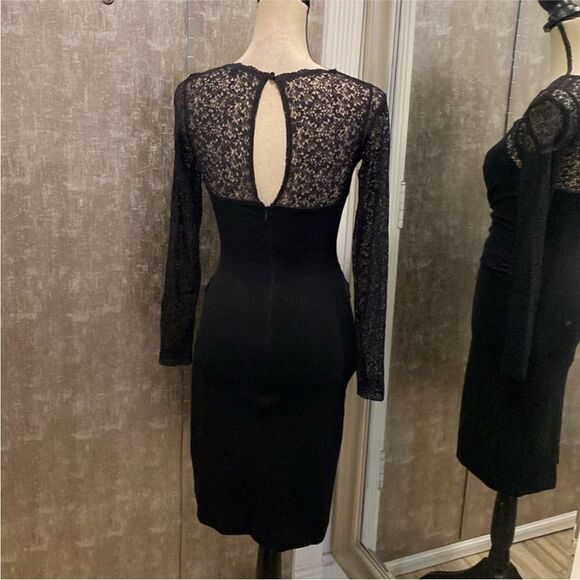 French Connection Chic Black Long Sleeve Dress with Elegant Lace, US2 - Picture 8 of 11
